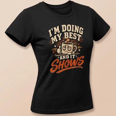 Retro t-shirt featuring a cheerful coffee mug and uplifting text about effort. — printed on a women's shirt