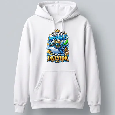 Cartoon whale with colorful text saying I'm not a whale I'm an investor — printed on a unisex hoodie