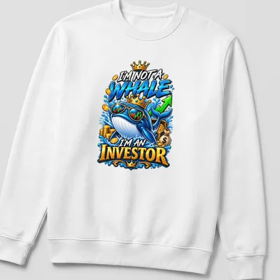 Cartoon whale with colorful text saying I'm not a whale I'm an investor — printed on a unisex sweatshirt