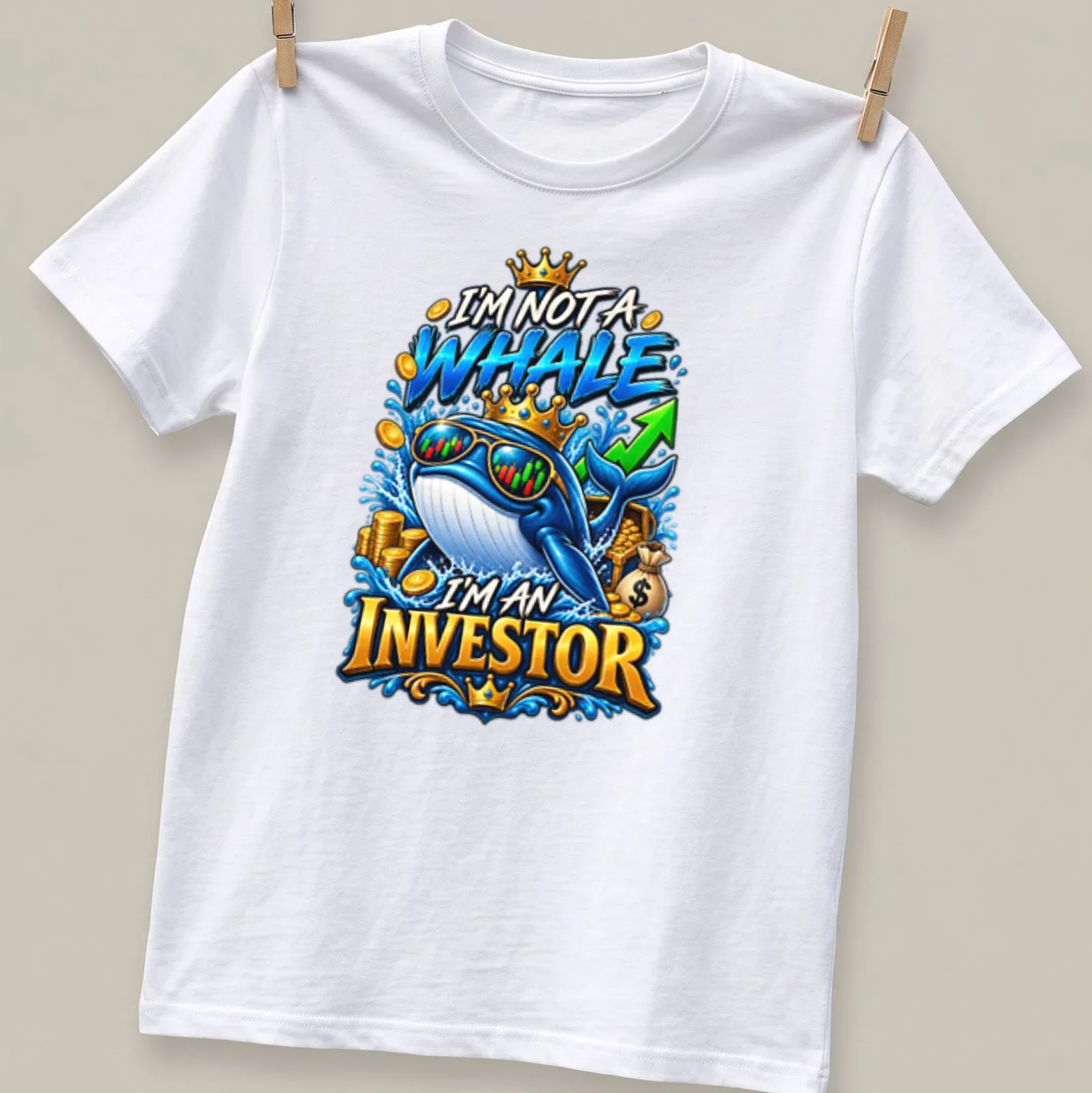 Cartoon whale with colorful text saying I'm not a whale I'm an investor — printed on a unisex t-shirt