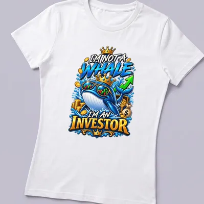 Cartoon whale with colorful text saying I'm not a whale I'm an investor — printed on a women's shirt