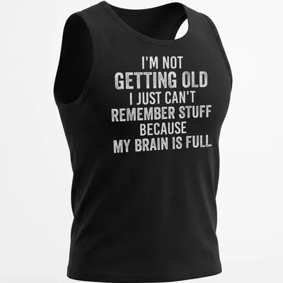 Bold text t-shirt humorously referencing memory loss with a brain illustration — printed on a tank top