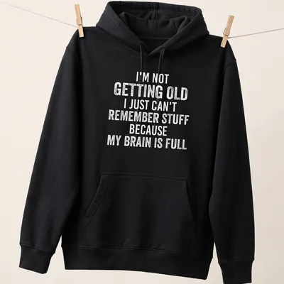 Bold text t-shirt humorously referencing memory loss with a brain illustration — printed on a unisex hoodie