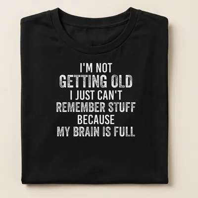Bold text t-shirt humorously referencing memory loss with a brain illustration — printed on a women's shirt