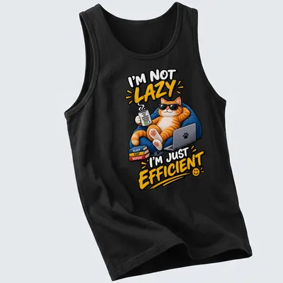 Cartoon ginger cat design with humorous text about efficiency and relaxation — printed on a tank top