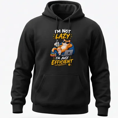 Cartoon ginger cat design with humorous text about efficiency and relaxation — printed on a unisex hoodie