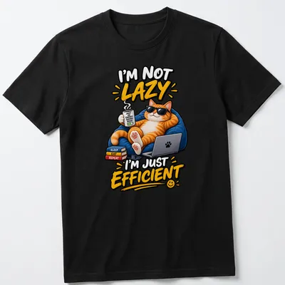 Cartoon ginger cat design with humorous text about efficiency and relaxation — printed on a unisex t-shirt