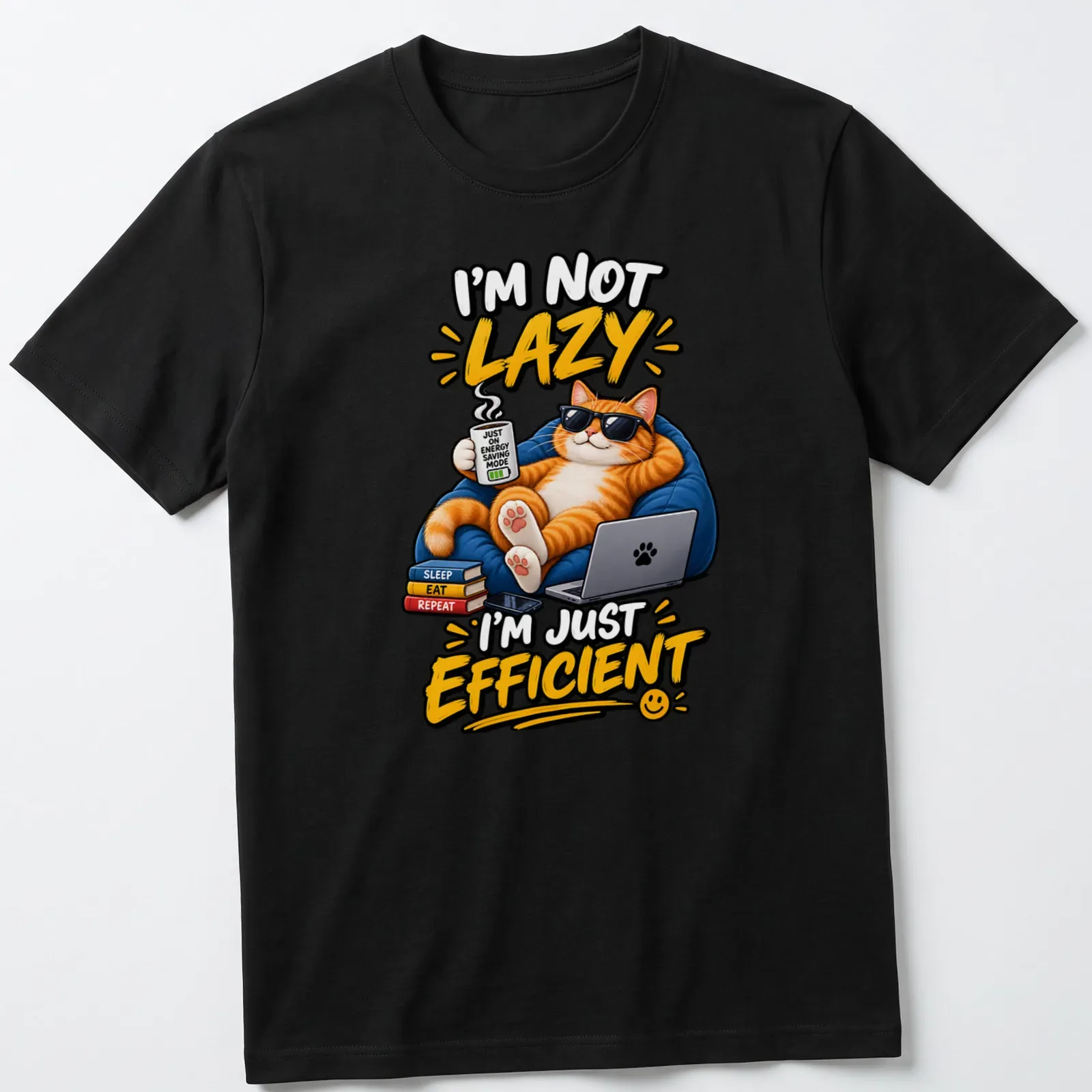 Cartoon ginger cat design with humorous text about efficiency and relaxation — printed on a unisex t-shirt
