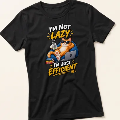 Cartoon ginger cat design with humorous text about efficiency and relaxation — printed on a women's shirt