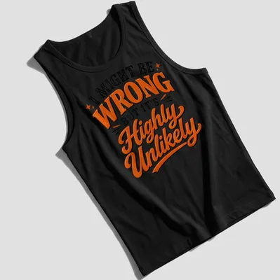 Bold typography t-shirt displaying humorous text in black, orange, and white — printed on a tank top