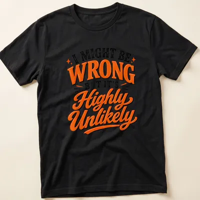 Bold typography t-shirt displaying humorous text in black, orange, and white