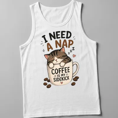 Kawaii illustration of a sleepy cat with coffee-themed text about naps. — printed on a tank top