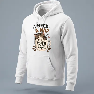Kawaii illustration of a sleepy cat with coffee-themed text about naps. — printed on a unisex hoodie