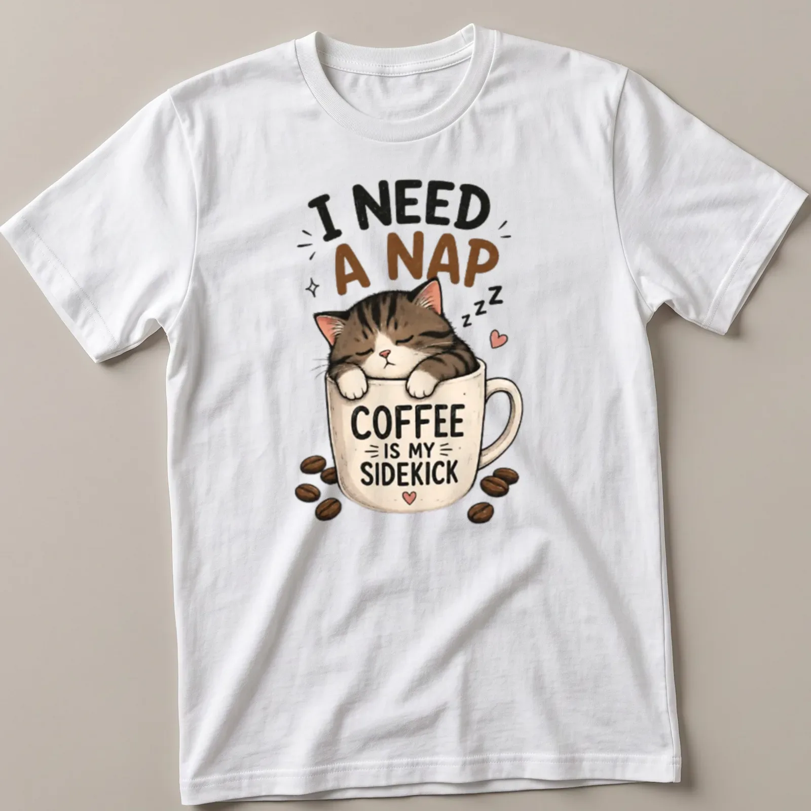 Kawaii illustration of a sleepy cat with coffee-themed text about naps. — printed on a unisex t-shirt