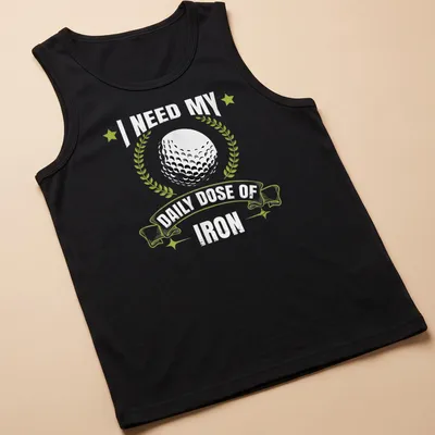 Vintage distressed t-shirt with golf ball and laurel wreath, humorously promoting iron practice. — printed on a tank top