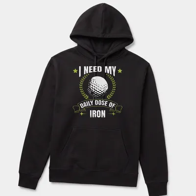 Vintage distressed t-shirt with golf ball and laurel wreath, humorously promoting iron practice. — printed on a unisex hoodie