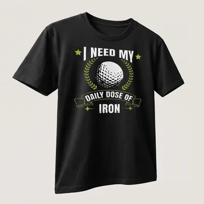Vintage distressed t-shirt with golf ball and laurel wreath, humorously promoting iron practice. — printed on a unisex t-shirt (angled view)