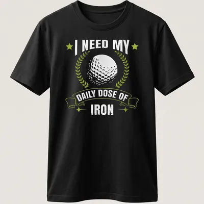 Vintage distressed t-shirt with golf ball and laurel wreath, humorously promoting iron practice.
