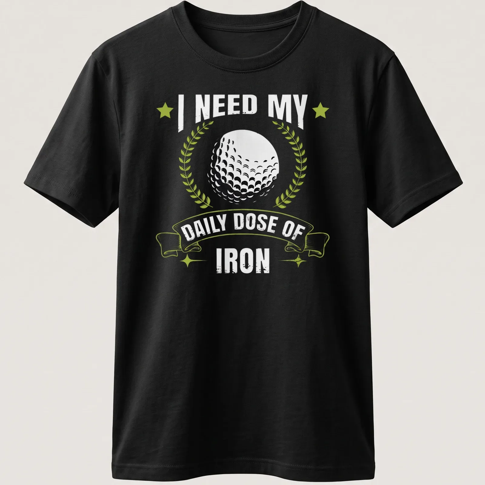 Vintage distressed t-shirt with golf ball and laurel wreath, humorously promoting iron practice. — printed on a unisex t-shirt