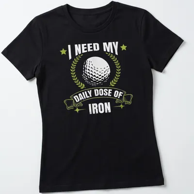 Vintage distressed t-shirt with golf ball and laurel wreath, humorously promoting iron practice. — printed on a women's shirt
