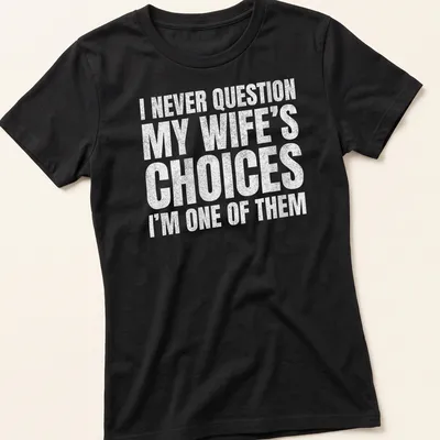 Bold typography shirt with humorous text about marriage choices in white and gray — printed on a women's shirt