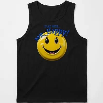 3D glossy t-shirt featuring a smiley face with playful text — printed on a tank top