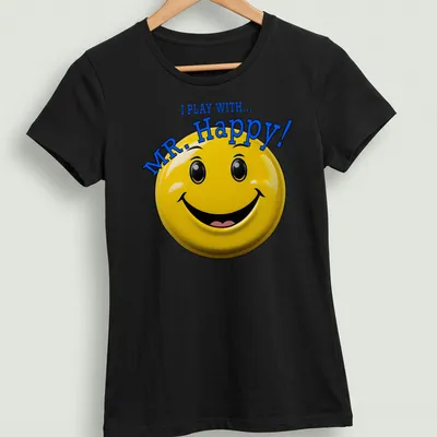 3D glossy t-shirt featuring a smiley face with playful text — printed on a women's shirt