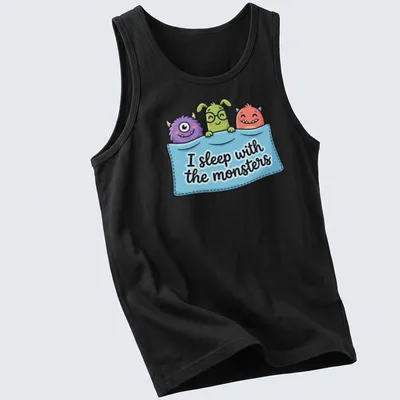 Kawaii cartoon monsters with the phrase I sleep with the monsters in bright colors. — printed on a tank top