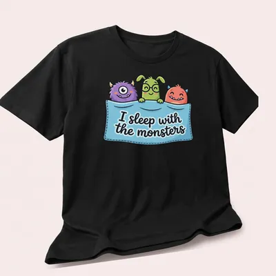 Kawaii cartoon monsters with the phrase I sleep with the monsters in bright colors. — printed on a unisex t-shirt (angled view)