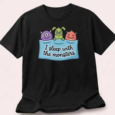 Kawaii cartoon monsters with the phrase I sleep with the monsters in bright colors. — printed on a unisex t-shirt