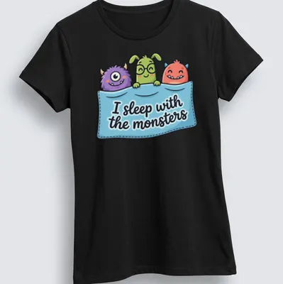 Kawaii cartoon monsters with the phrase I sleep with the monsters in bright colors. — printed on a women's shirt