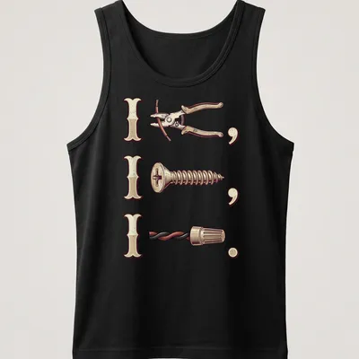 Vintage-style illustration of electrician tools with humorous text on — printed on a tank top