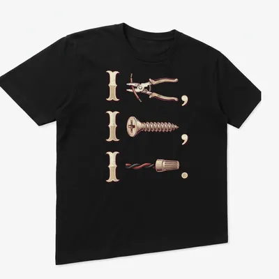 Vintage-style illustration of electrician tools with humorous text on — printed on a unisex t-shirt (angled view)