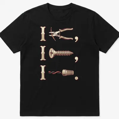 Vintage-style illustration of electrician tools with humorous text on shirt
