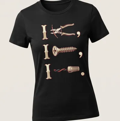 Vintage-style illustration of electrician tools with humorous text on — printed on a women's shirt