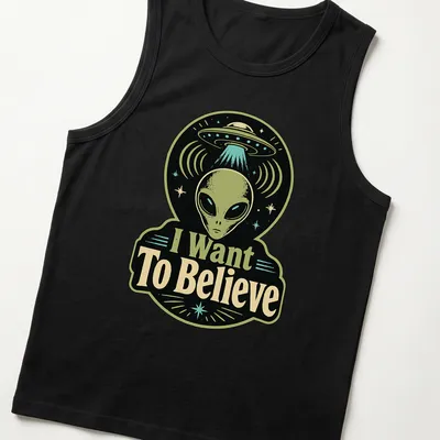 Retro T-shirt featuring an alien and UFO with the phrase I Want To Believe — printed on a tank top