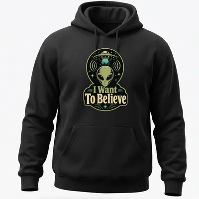 Retro T-shirt featuring an alien and UFO with the phrase I Want To Believe — printed on a unisex hoodie