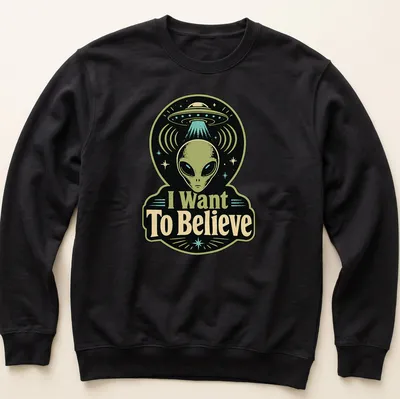 Retro T-shirt featuring an alien and UFO with the phrase I Want To Believe — printed on a unisex sweatshirt