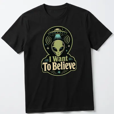 Retro T-shirt featuring an alien and UFO with the phrase I Want To Believe