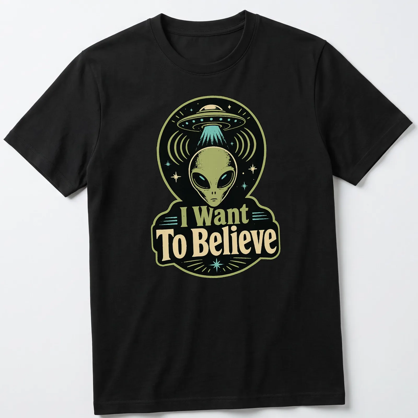 Retro T-shirt featuring an alien and UFO with the phrase I Want To Believe — printed on a unisex t-shirt