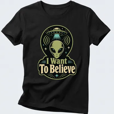 Retro T-shirt featuring an alien and UFO with the phrase I Want To Believe — printed on a women's shirt