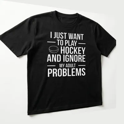 Bold typography T-shirt with the phrase about ignoring adult problems and playing ice hockey — printed on a unisex t-shirt (angled view)