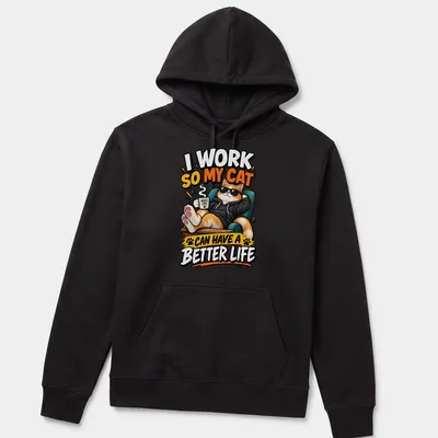 Cartoonish t-shirt featuring a cat and the phrase about working for its comfort — printed on a unisex hoodie