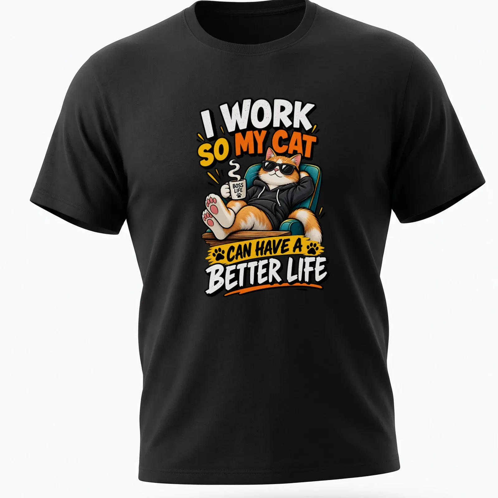 Cartoonish t-shirt featuring a cat and the phrase about working for its comfort — printed on a unisex t-shirt