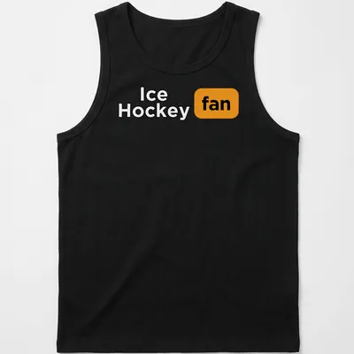 Bold typography Ice Hockey fan t-shirt in black, orange, and white colors — printed on a tank top