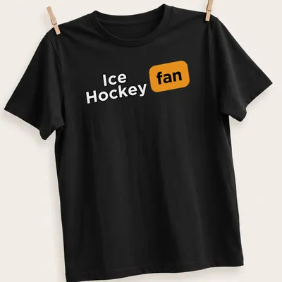 Bold typography Ice Hockey fan t-shirt in black, orange, and white colors