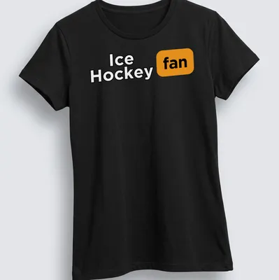 Bold typography Ice Hockey fan t-shirt in black, orange, and white colors — printed on a women's shirt