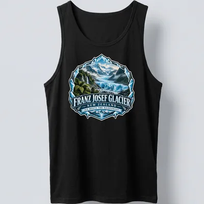 Vintage badge design of Franz Josef Glacier in blue, green, and white — printed on a tank top
