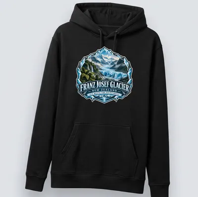 Vintage badge design of Franz Josef Glacier in blue, green, and white — printed on a unisex hoodie