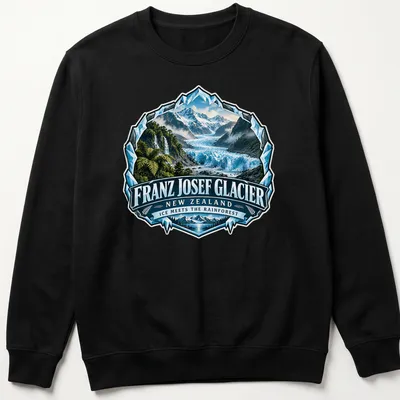 Vintage badge design of Franz Josef Glacier in blue, green, and white — printed on a unisex sweatshirt